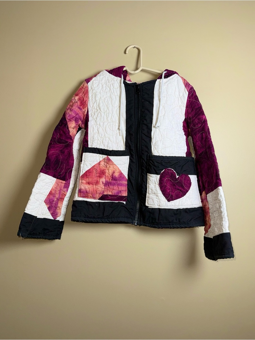 Girls Quilted Patchwork Handmade Hooded Jacket S/M Multico Pockets Zip Close